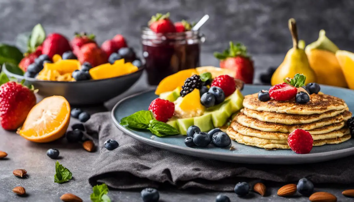 A plate with healthy breakfast options including almond flour pancakes, tofu scramble, chia seed pudding, and fresh fruits, suitable for diabetics and those following a dairy-free diet