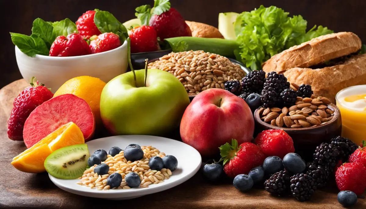 Image of a diabetic-friendly breakfast with a variety of fruits, vegetables, proteins, and whole grains.