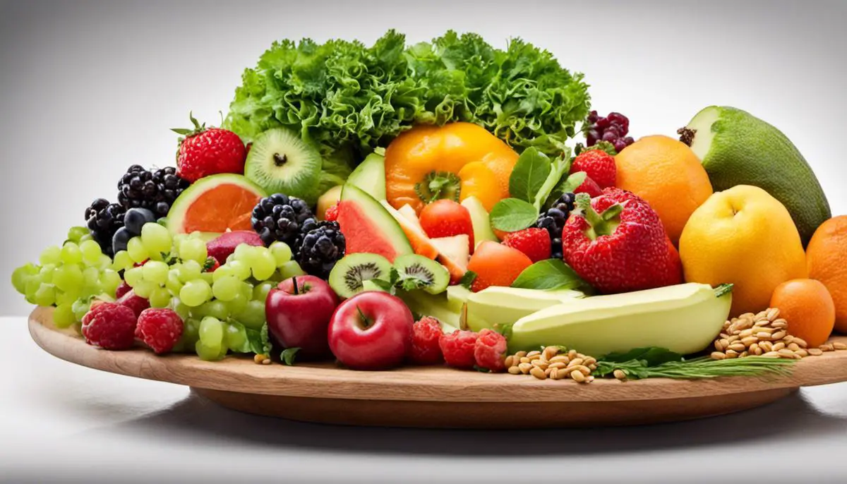 A plate filled with colorful fruits, vegetables, whole grains, and lean proteins. It represents a healthy diabetic-friendly diet.