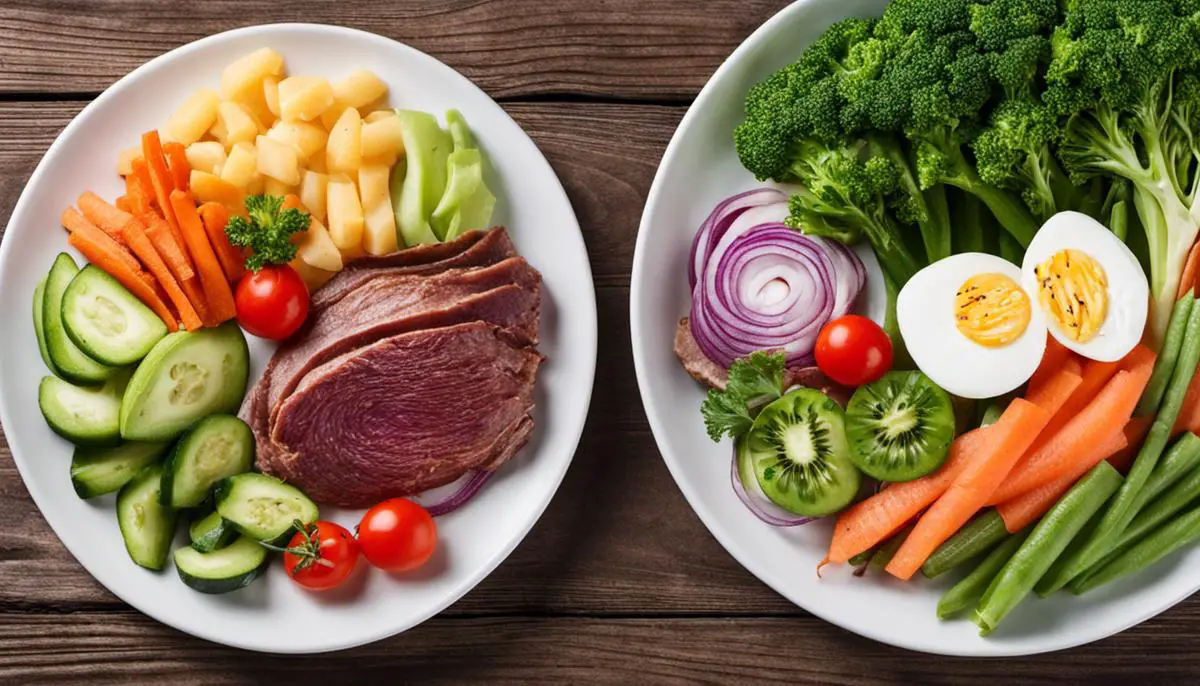A plate with a balanced meal consisting of non-starchy vegetables, lean protein, and a small portion of carbs, representing a low-carb diabetic diet