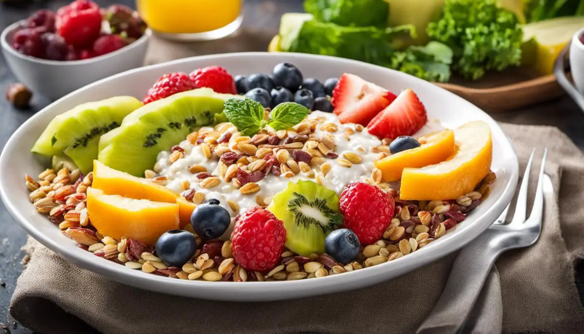 Image of a nutritious breakfast with whole grains, fruits, and vegetables, suitable for individuals with diabetes.