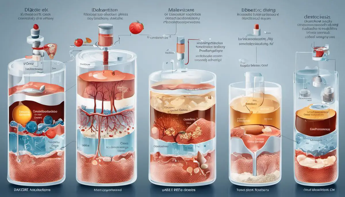 Illustration depicting the complications of Diabetic Ketoacidosis, including dehydration, kidney damage, cerebral edema, and coma.