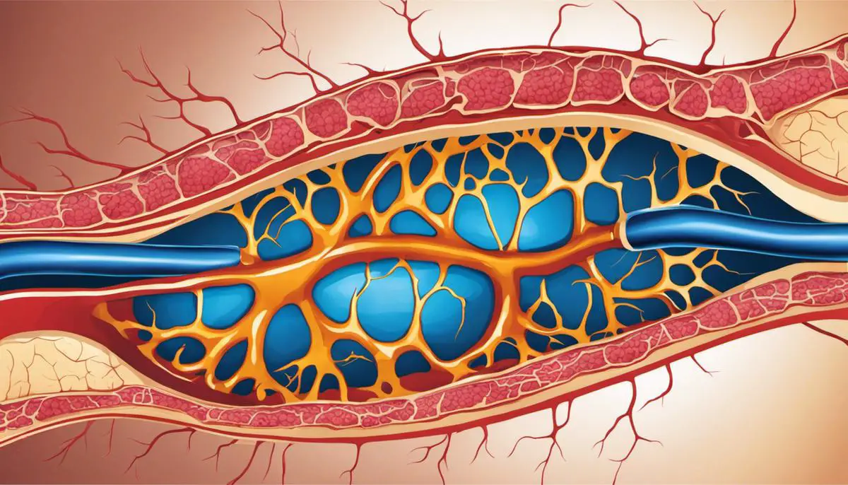 Illustration of a nerve with diabetic neuropathy, highlighting the effects of high blood sugar levels on nerve damage.