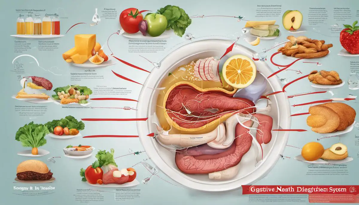 Illustration representing digestive health, showing a healthy digestive system with arrows moving food through it.