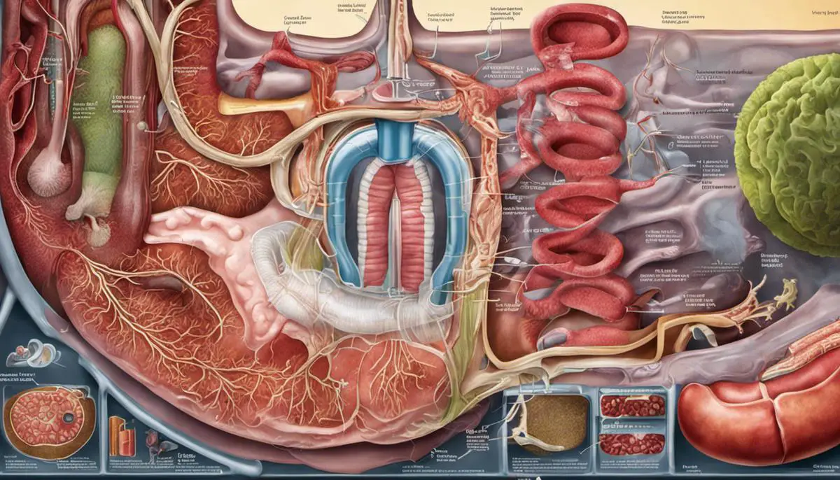 An illustration depicting the various organs of the digestive system and the process of stool production.