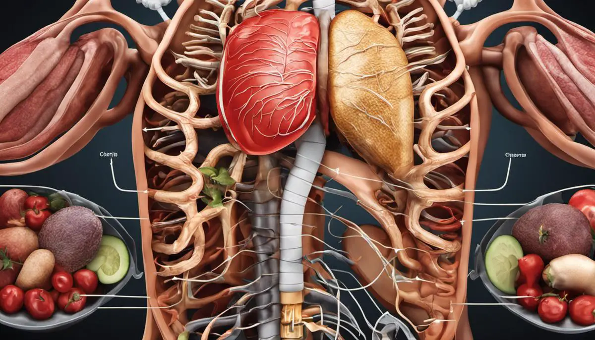 Illustration of the human digestive system with arrows indicating the movement of food through the different organs