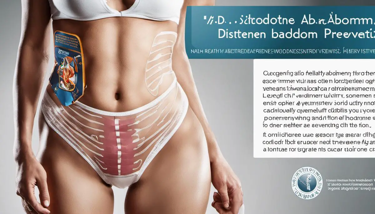 Image depicting a healthy abdomen with text saying 'Distended Abdomen Prevention'