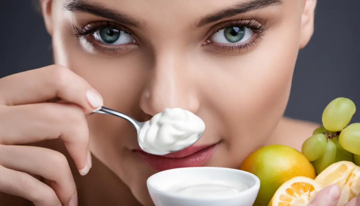 An image showing a person with a neutral facial expression holding a bowl of yogurt and fruits, representing the concept of the relationship between dyspepsia and probiotics.