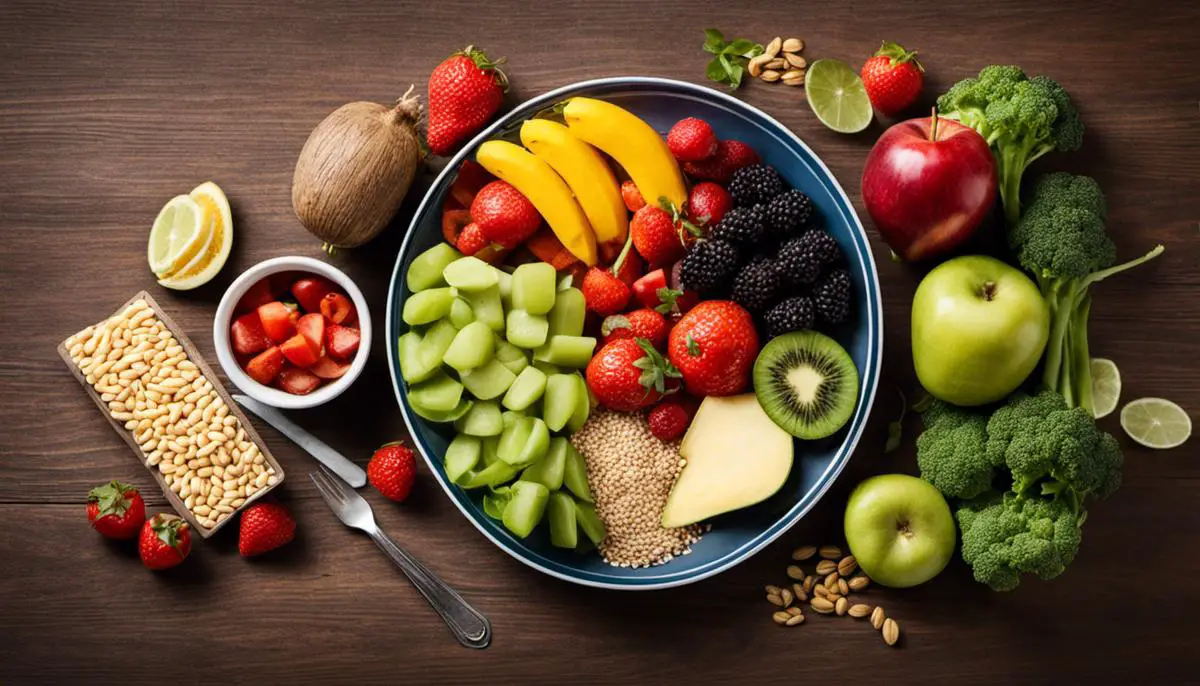 Image depicting a healthy plate of food with a variety of fruits, vegetables, lean proteins, and whole grains, representing a balanced diet for managing dyspepsia.