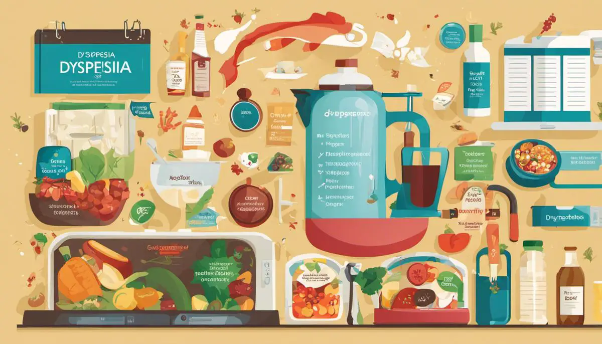 Illustration depicting the various risk factors associated with dyspepsia, including lifestyle choices, diet, medications, and other health conditions.