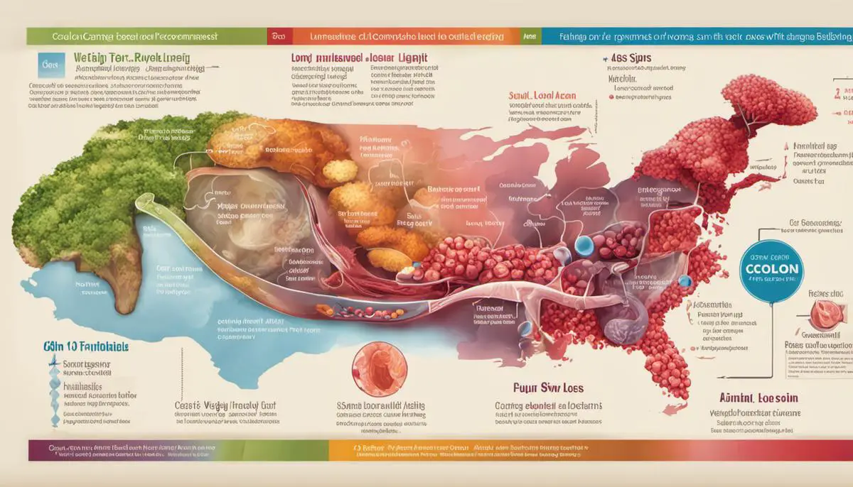 Illustration of the early signs and symptoms of colon cancer, including changes in bowel habits, abdominal discomfort, rectal bleeding, fatigue, and unexplained weight loss.