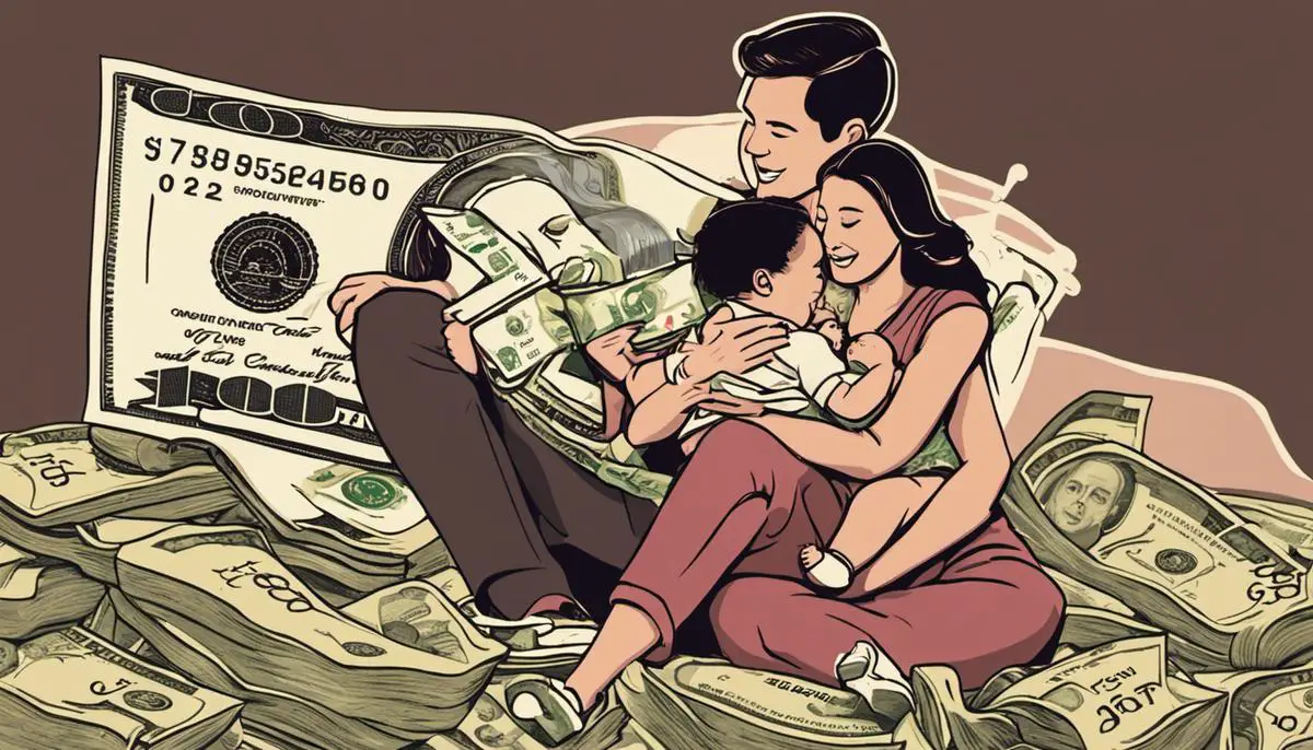 Illustration showing a family with a baby and a stack of cash, representing the economic benefits of breastfeeding for families