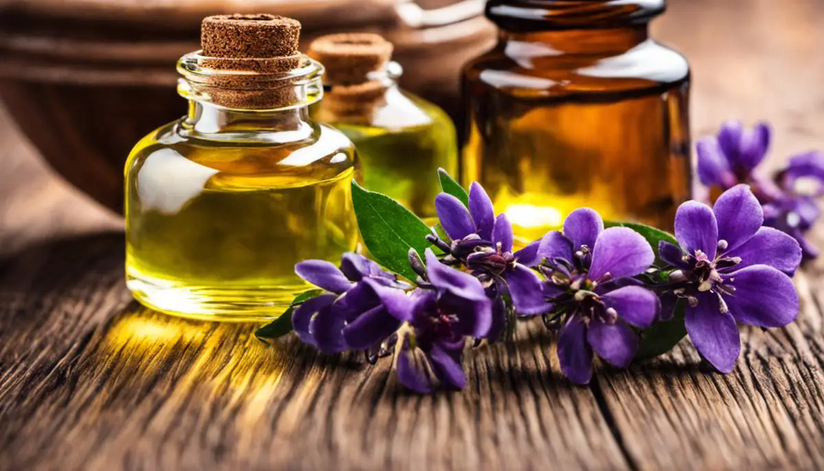 A bottle of essential oils and a massage oil mixture on a wooden surface.