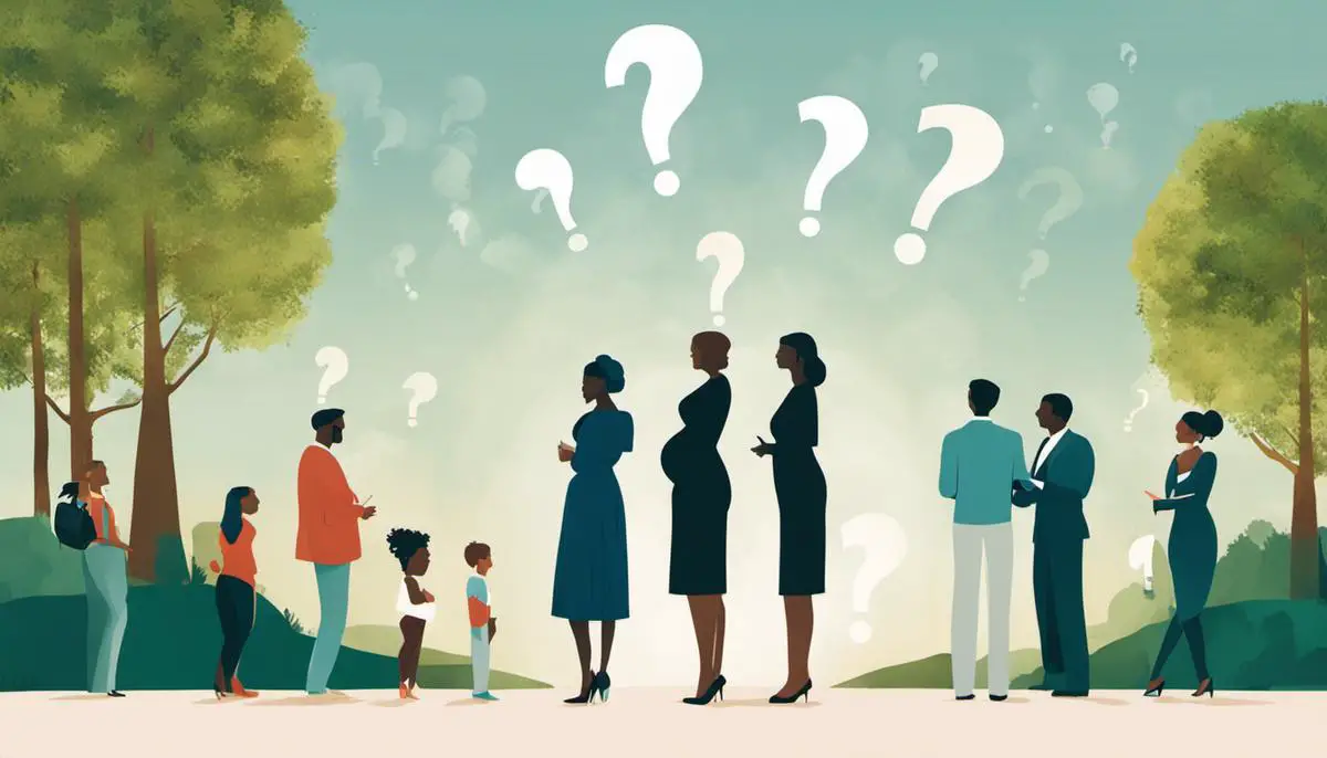 Illustration depicting people standing next to question marks, representing the ethical concerns of prenatal gender determination.