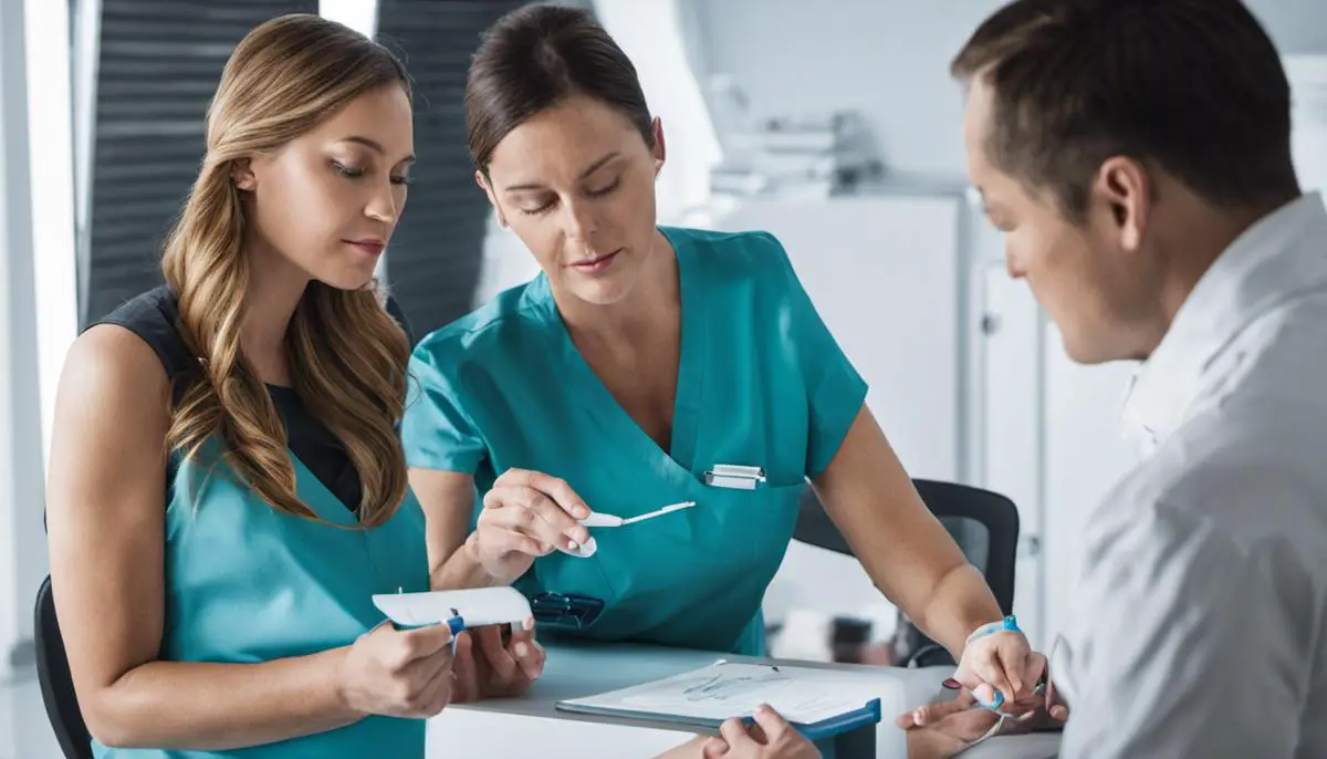 Image illustrating a pregnant woman receiving a DNA test in a medical setting