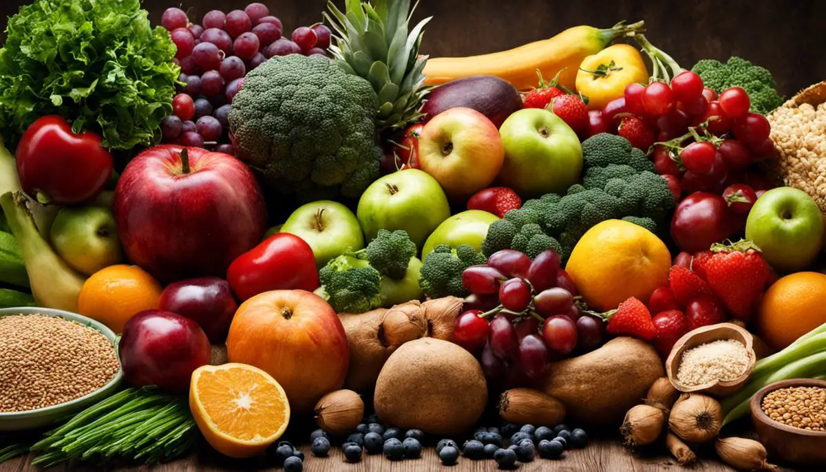 An image showing a variety of fruits, vegetables, and whole grains to represent high-fiber foods