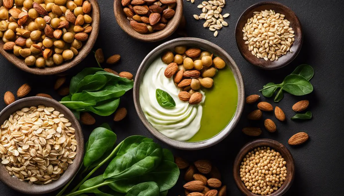 Image of various lactation-boosting foods like oats, fenugreek, spinach, almonds, and chickpeas