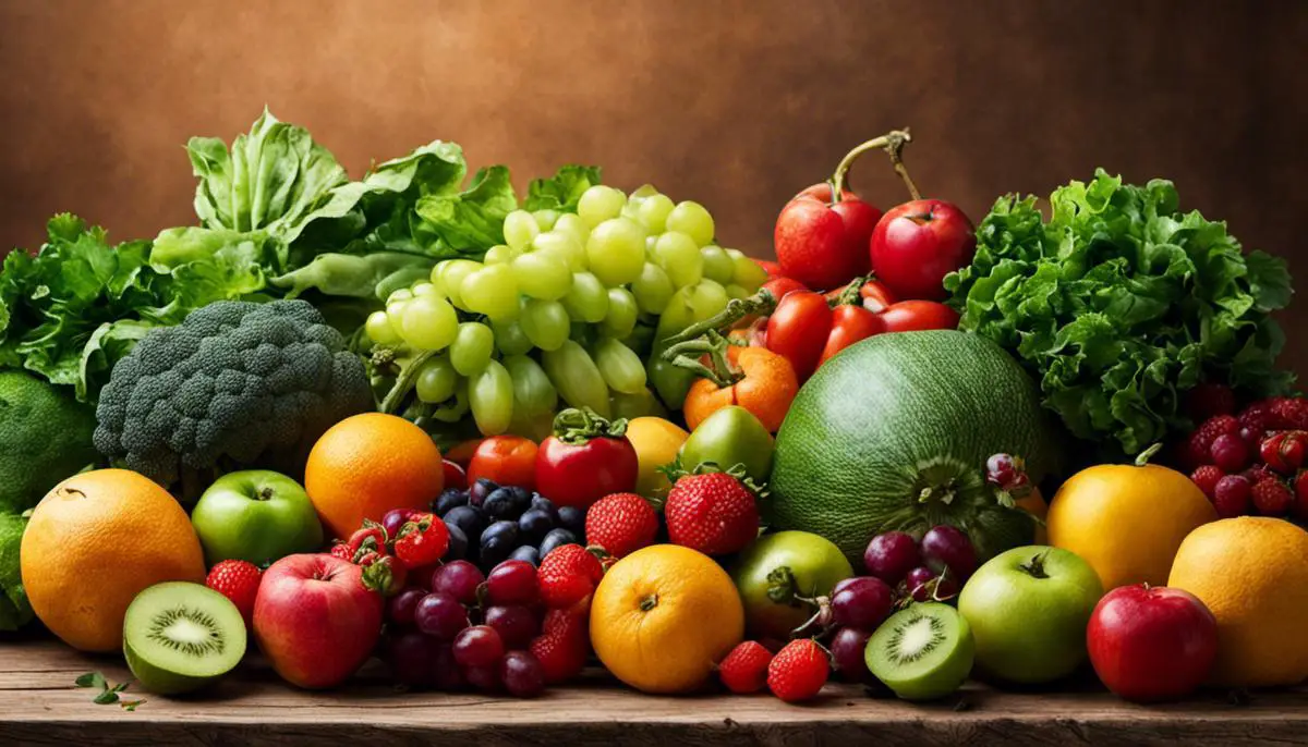 A variety of colorful fruits and vegetables laid out on a table