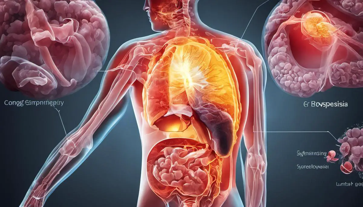 An illustration showing the symptoms of functional dyspepsia, including stomach discomfort, burning sensation, bloating, and belching.