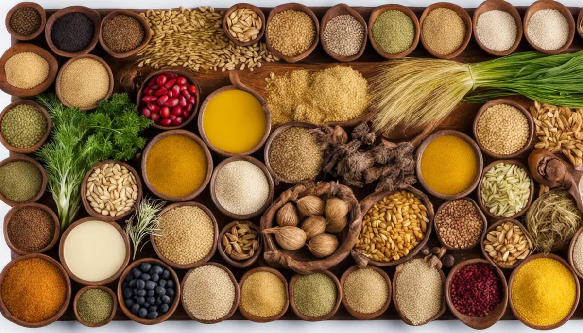 A variety of natural galactagogues including fenugreek, fennel, oats, and brewer's yeast displayed in a colorful arrangement.