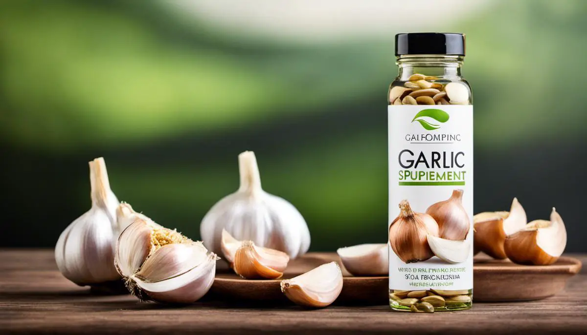 A bottle of garlic supplements with a sliced garlic clove beside it.