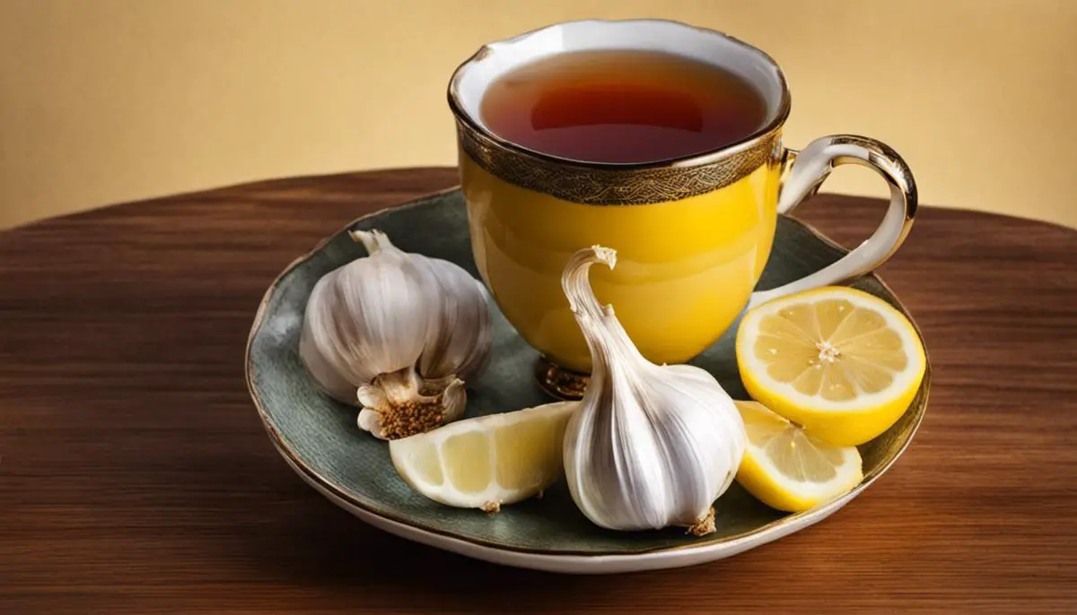 A cup of steaming garlic tea with a lemon slice on the side.