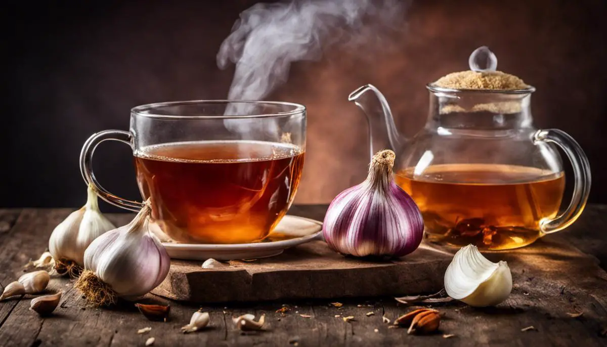 Image of a cup of hot garlic tea with steam rising, served with a garlic bulb and garlic cloves beside it.