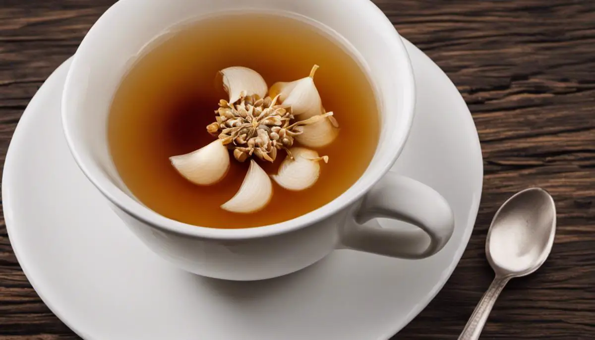 A cup of hot garlic tea with steam rising, showing a soothing drink for a sore throat