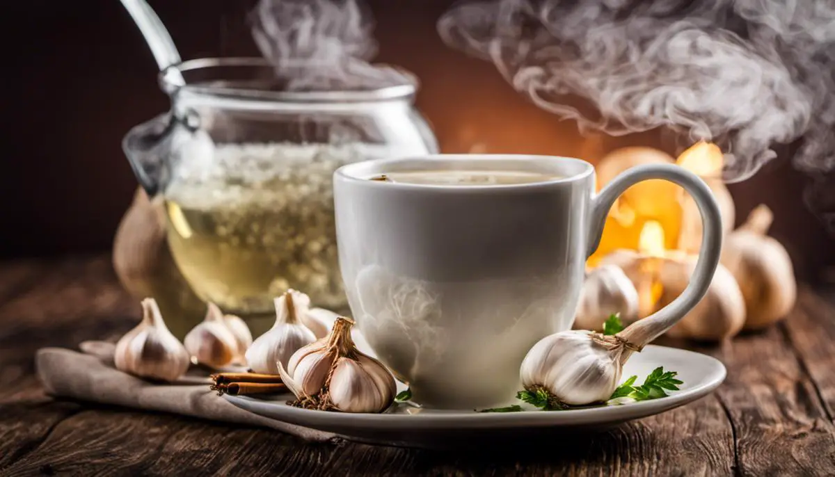 A cup of garlic tea with steam rising, representing the benefits of drinking garlic tea for one's health.