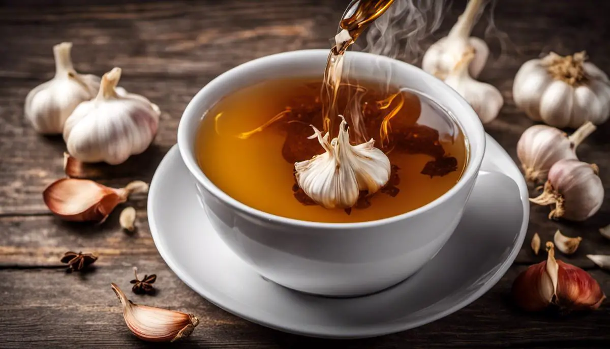 A cup of hot garlic tea with cloves of garlic and steam coming out, symbolizing the health benefits of garlic tea.