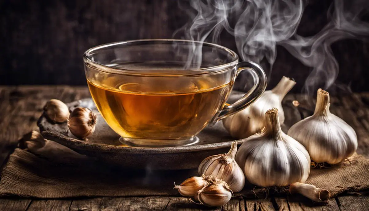 A cup of garlic tea with steam rising, depicted against a rustic background.