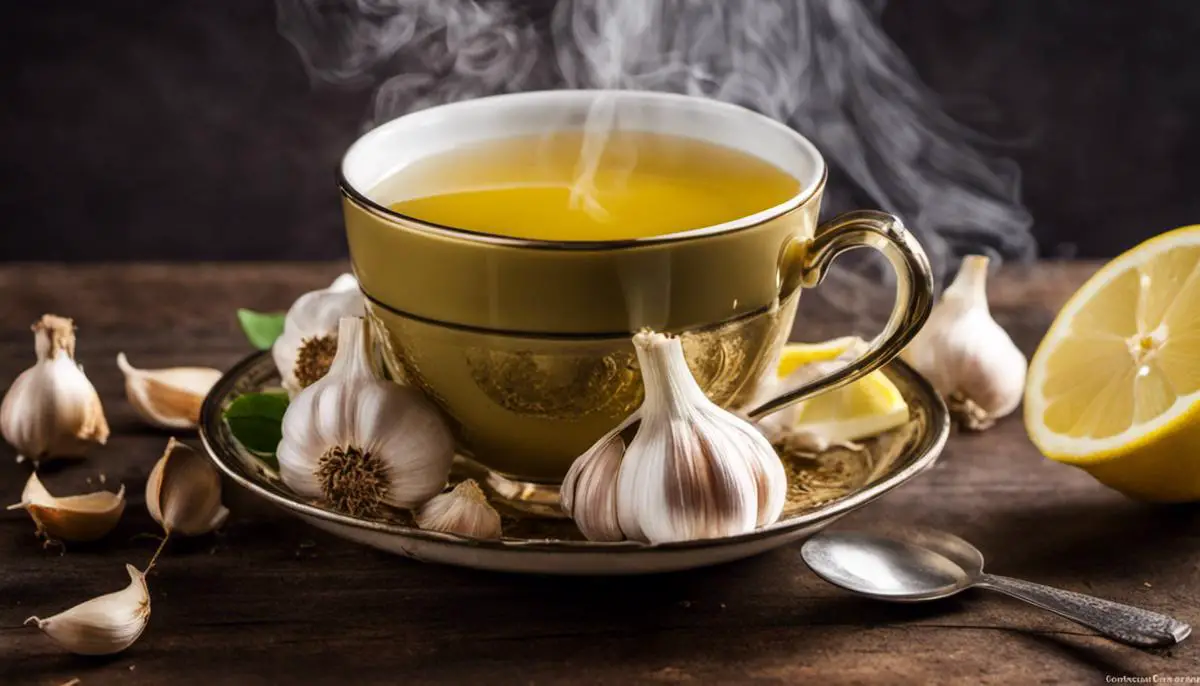 A cup of garlic tea with steam rising from it, surrounded by garlic cloves and a lemon slice.