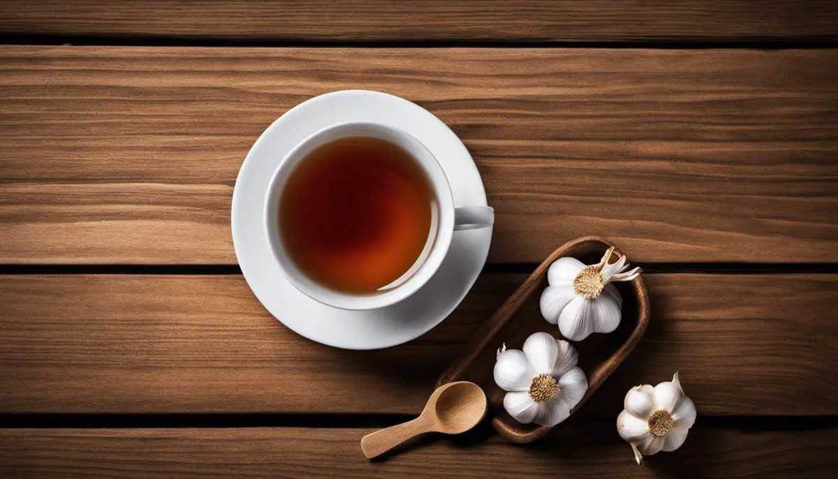 Image comparing garlic tea and garlic supplements, depicting a tea cup on one side and a supplement bottle on the other.