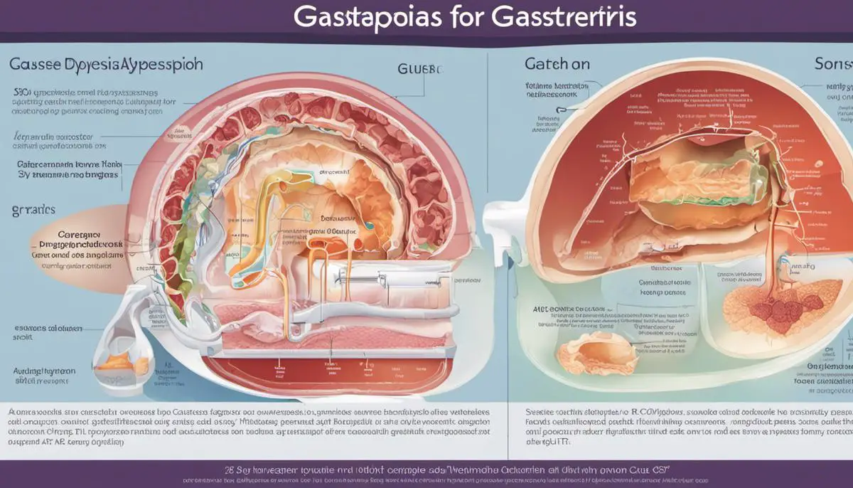 Diagram illustrating the relationship between gastritis and dyspepsia, highlighting the symptoms, causes, and treatment options for each condition.