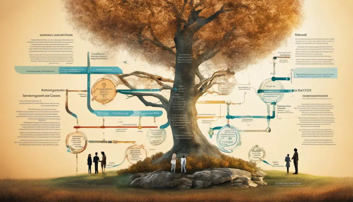 Illustration of genetic carrier screening process with DNA strands and a family tree.