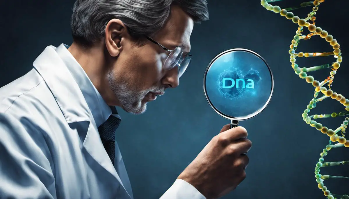 Illustration of a scientist examining a DNA strand with a magnifying glass.