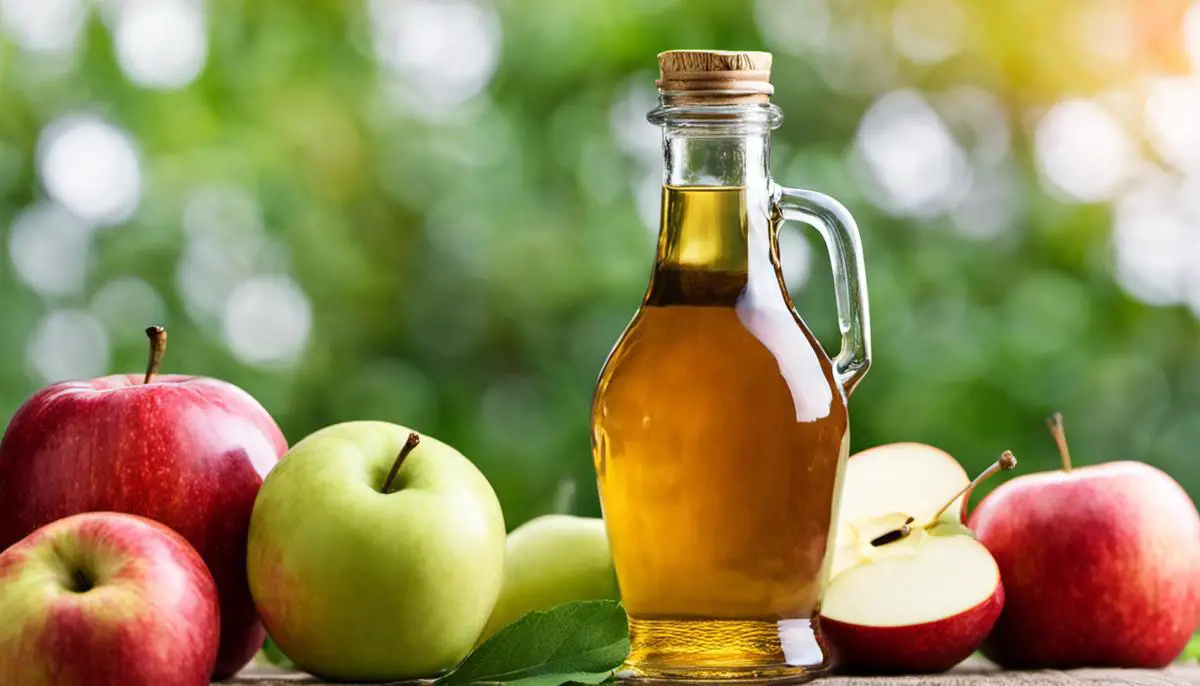 A bottle of apple cider vinegar with fresh apples, representing the topic of using apple cider vinegar for gout management.