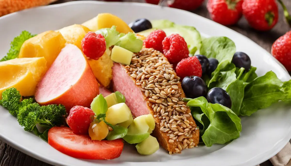 A plate of healthy food consisting of fruits, vegetables, whole grains, lean proteins, and dairy products, which are beneficial in preventing gout.