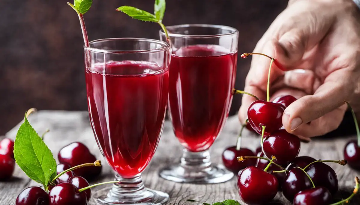 Image of a person holding a glass of cherry juice and fresh cherries, representing natural solutions for gout relief