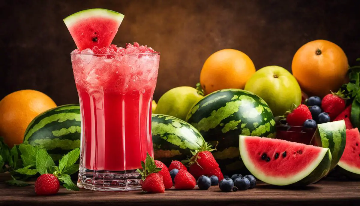 A glass of watermelon juice with various fruits and sweeteners surrounding it.