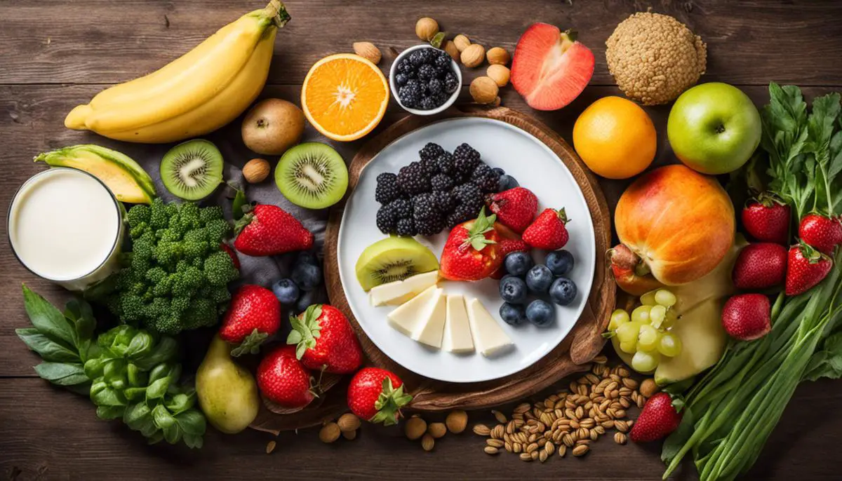 A plate with a variety of fruits, vegetables, grains, and dairy products, representing a healthy balanced diet for increased milk production