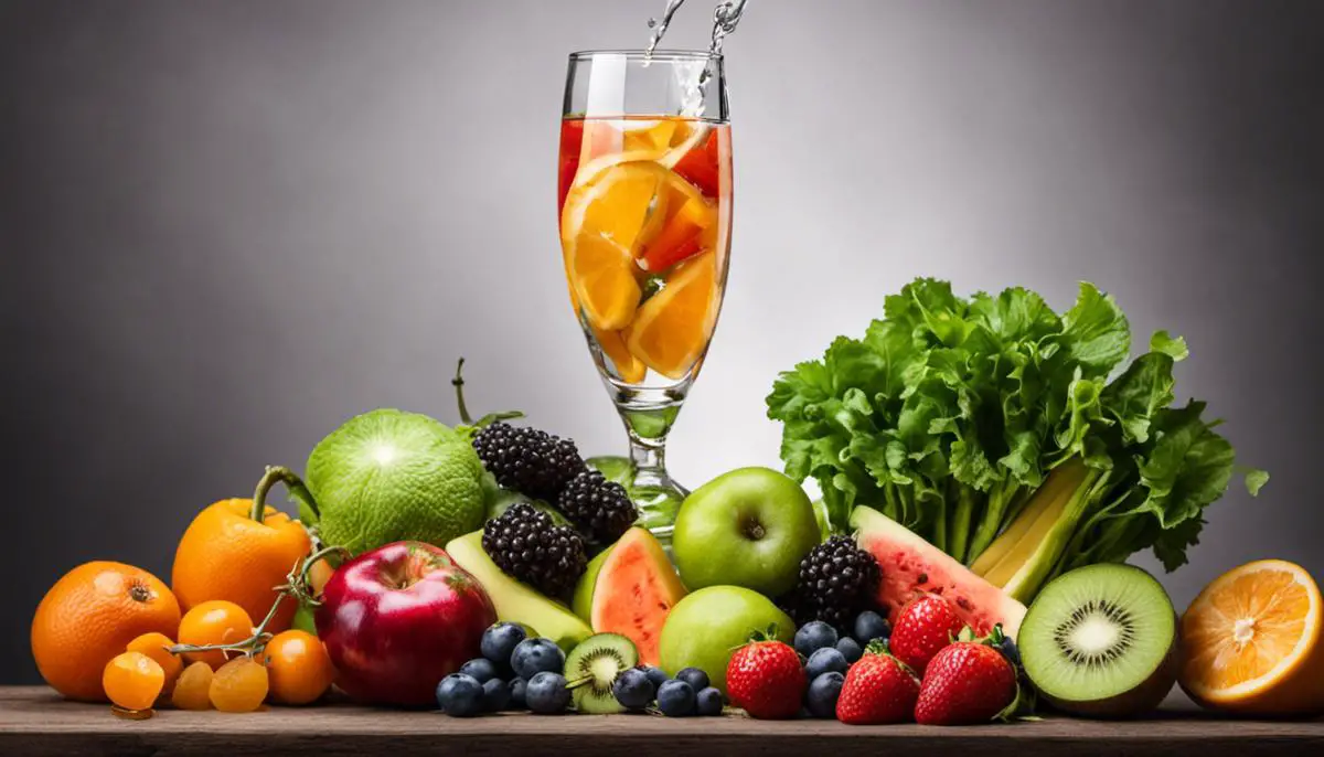 A glass of water with various fruits and vegetables around it, representing the concept of healthy hydration.