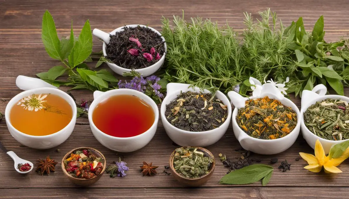 Image of various herbal teas with a description showcasing their potential for bloating relief.