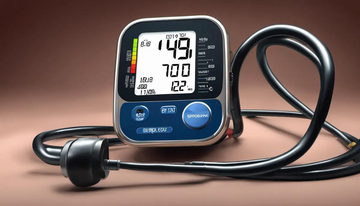 Illustration of a blood pressure monitor with a stethoscope draped over it