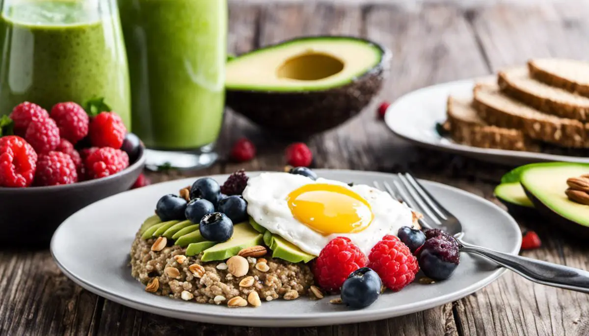 A plate of oatmeal topped with berries, nuts, and chia seeds, alongside a slice of whole grain toast with avocado and eggs, and a glass of green smoothie with veggies and fruits. This image represents a high-fiber breakfast for diabetics.
