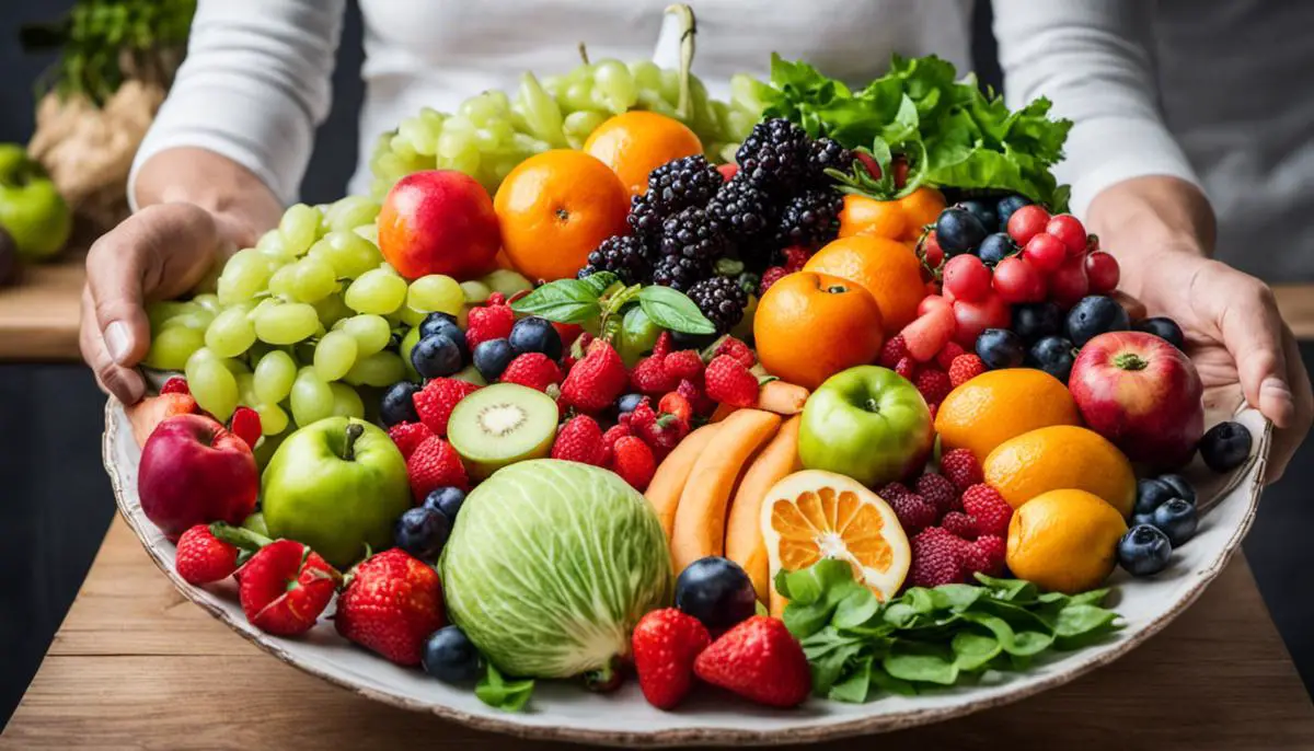 A person holding a plate with a variety of fruits and vegetables, showcasing the importance of a high fiber diet for diabetics.