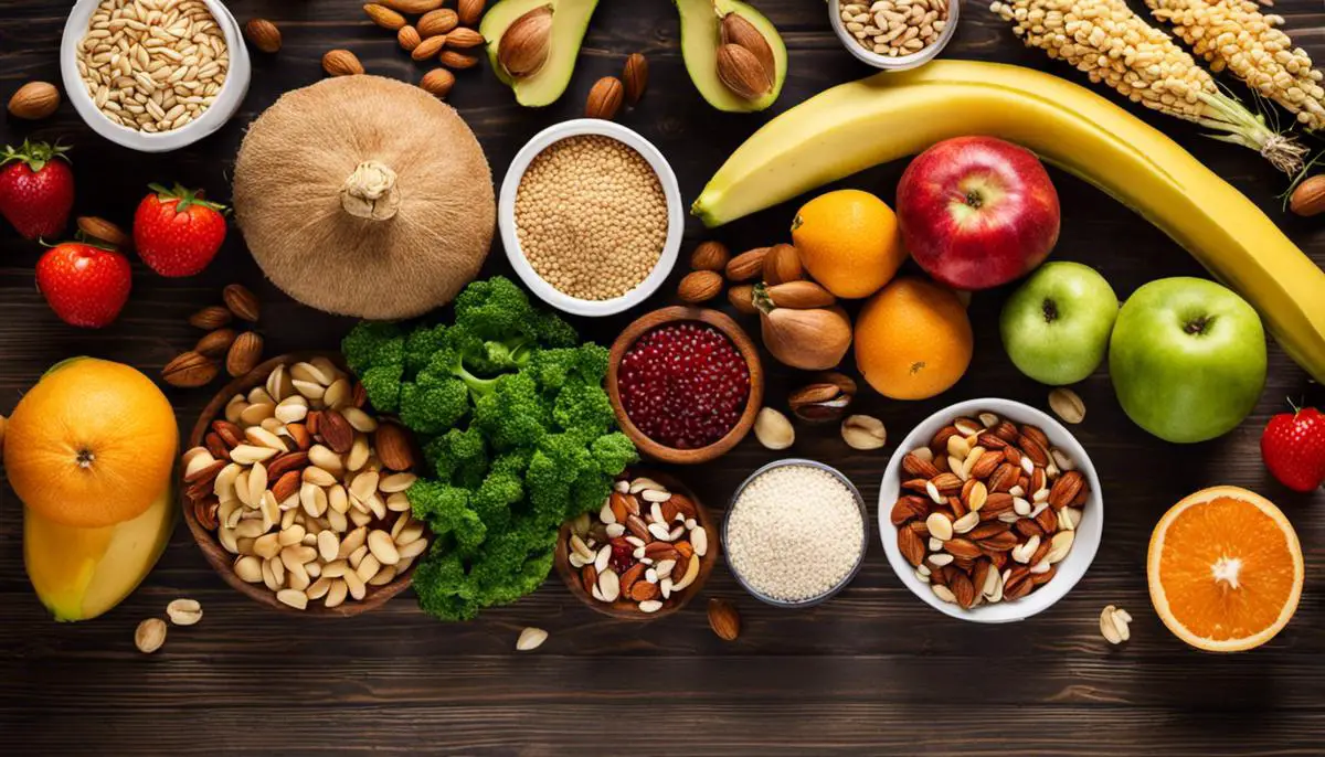 A variety of high-fiber foods on a wooden table with dashed lines separating them, including fruits, vegetables, nuts, and grains.