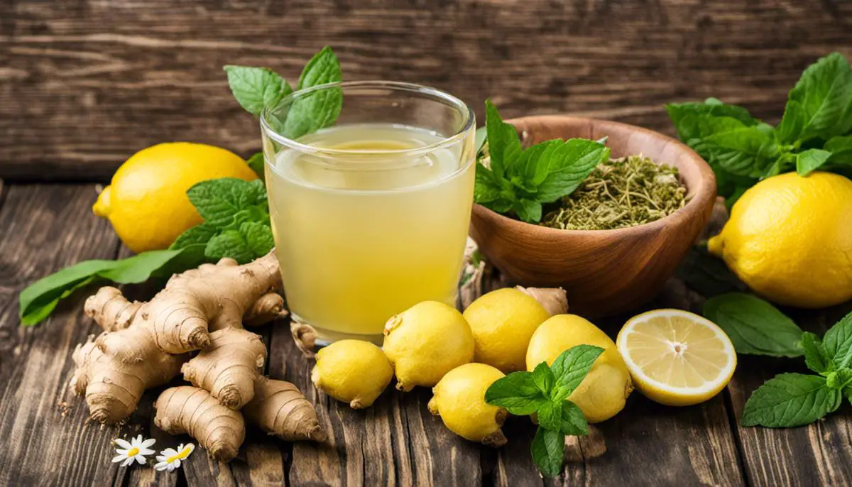 Image of various natural ingredients like ginger, peppermint, lemon, and chamomile that can be used in home remedies for bloating.