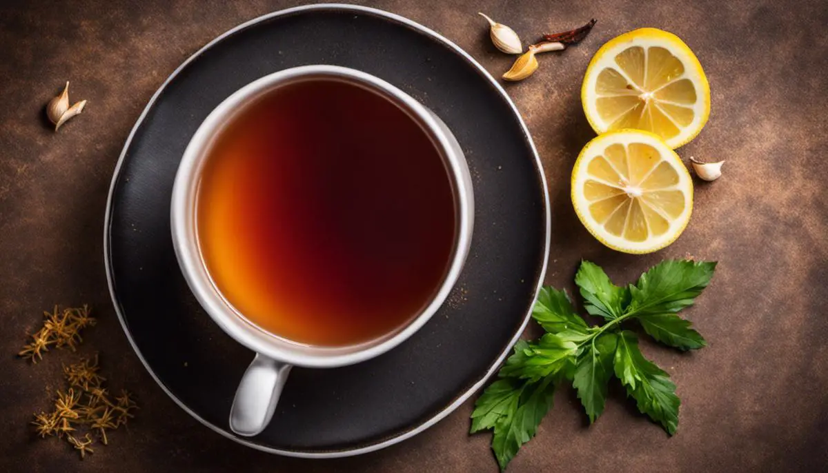 Image of a cup of hot garlic tea topped with a slice of lemon and a sprinkling of cayenne pepper.