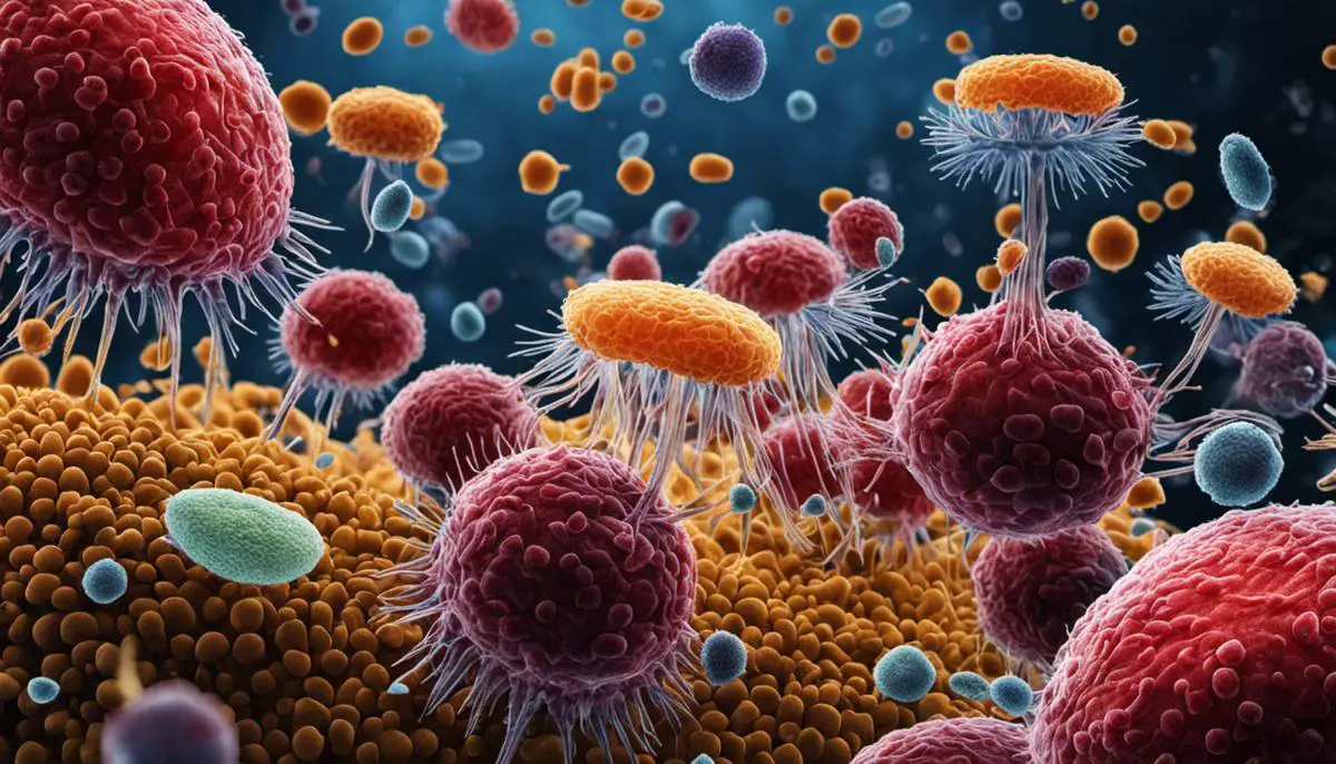 An image showing the interaction of immune cells with pathogens, representing the complexity of the human immune system.